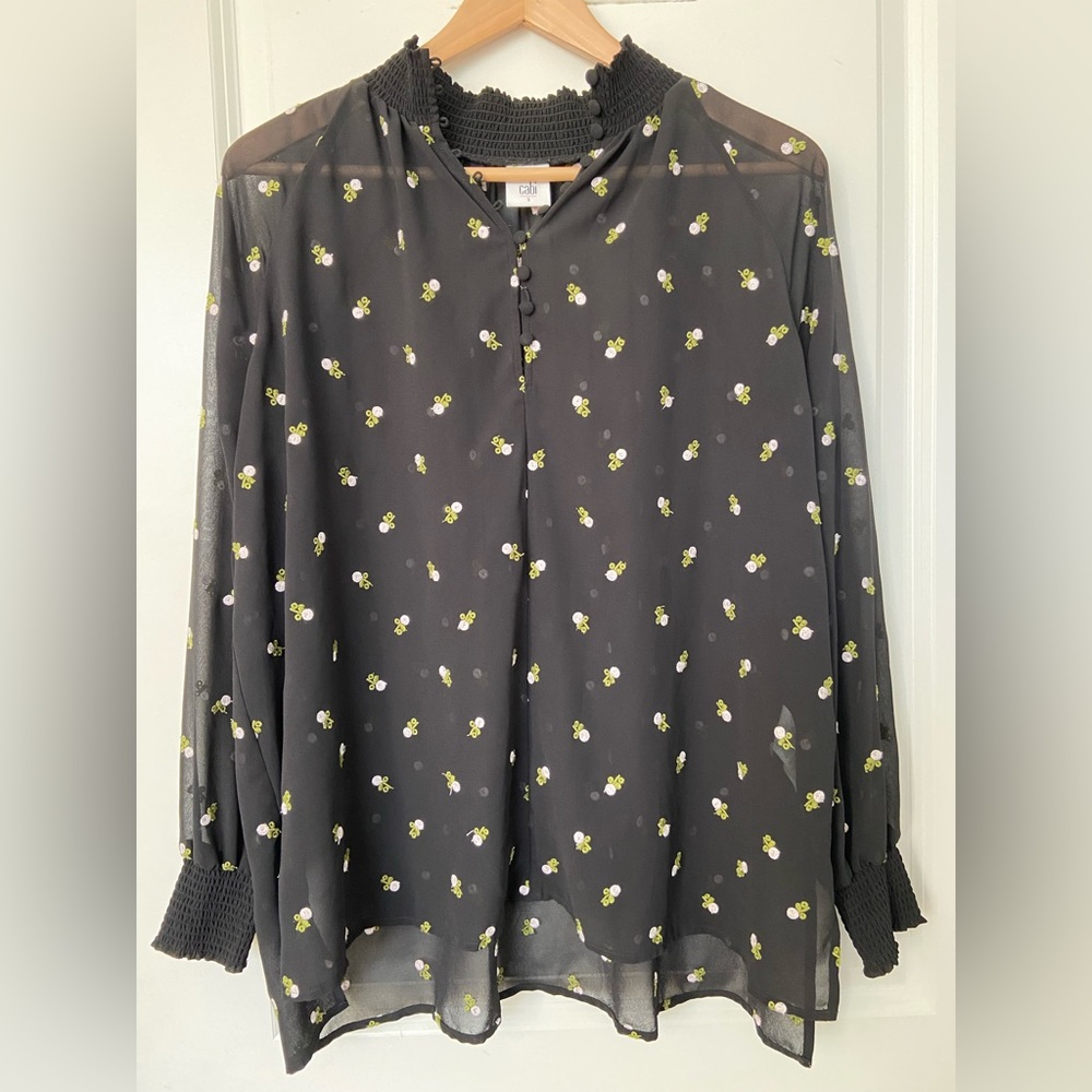 CAbi Black Floral Embroidered Sheer Blouse Size S Style 5338